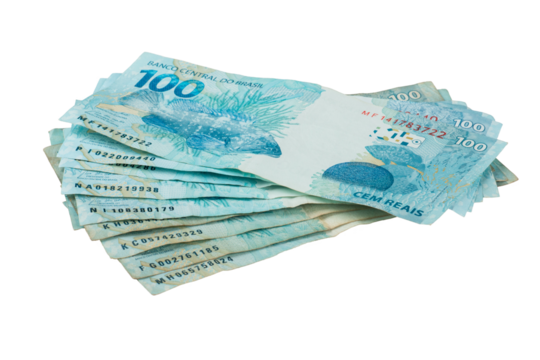 A stack of Brazilian 100 Real banknotes. Represents Brazilian currency, finance, economy, and wealth
