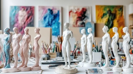 Obraz premium Elegant White Sculptures on Table Surrounded by Art Supplies