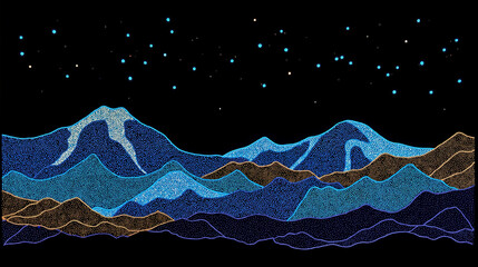 A fiber-optic Northern Song landscape embroidery, with glowing threads creating luminous mountain ranges on black silk, and floating ink dot stars activated by kinetic movement