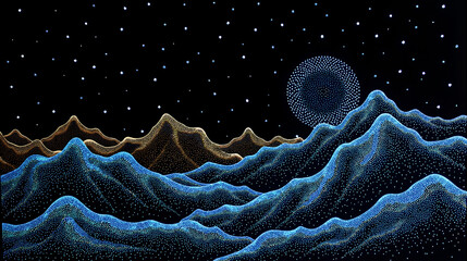 A fiber-optic Northern Song landscape embroidery, with glowing threads creating luminous mountain ranges on black silk, and floating ink dot stars activated by kinetic movement