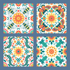 Abstract geometric ornament with flowers, bees, butterflies, lizards, frogs.