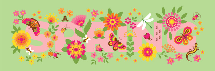 Beautiful floral background with abstract decorative flowers, insects and the inscription spring. Creative spring floral banner with butterflies, beetles, bees, elements of nature.