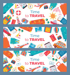 Naklejka premium Set of traveling backgrounds with luggage, vehicles, travel accessories, vacation and sea symbols, photos, visa stamps. Journey, tourism, summer vacation.