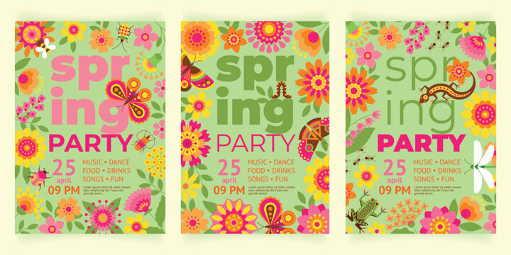 Beautiful flyer for spring party with various flowers, leaves, butterflies, insects, frog and lizard.