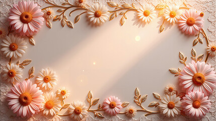 A floral lace pattern with intricate daisy motifs and vine borders, colored in soft pastels, enhanced by a parchment texture and golden embossing effects, lit by candlelight