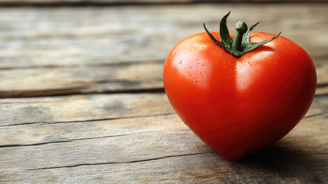 Heart-shaped tomato on a rustic wooden surface for food blogs, recipe websites,health and wellness blogs,Valentine's Day content,and social media posts related to healthy eating,fresh produce