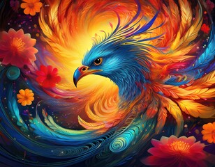 Obraz premium una espiral de flores y colores vibrantes y brillantes al centro se alza un fenix en todo su esplendor