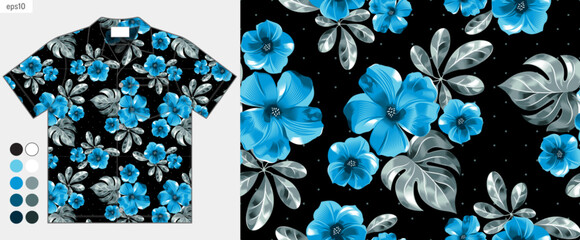 Tropical blue floral and leaf seamless pattern on a black polka dot background. Hawaiian Aloha inspired shirt mockup design, summer fashion clothing. Elegant vector art, not AI-generated.