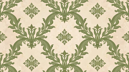 A vintage wallpaper pattern with scrolling acanthus leaves and medallion motifs, colored in olive green and cream, enhanced by a parchment texture
