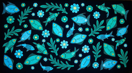 A bioluminescent coral pattern reimagining Jiangxi porcelain motifs, with glowing blue-green polyps on calcium carbonate branches, mother-of-pearl luster and embedded gold leaf fish silhouettes