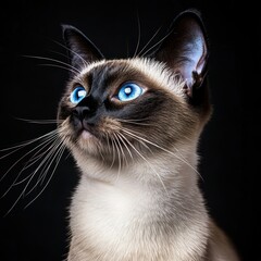 Professional studio shot of a Siamese cat with blue eyes, isolated with soft lighting, creating a sleek and elegant look, perfect for feline-related advertisements.