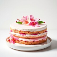 Elegant layered cake decorated with pink flowers and creamy frosting, presented on a white plate.