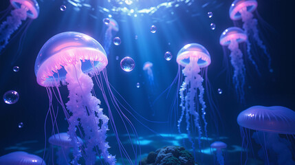 A surreal underwater scene with bioluminescent jellyfish and floating crystalline bubbles, rendered in opalescent blues and purples with glowing underwater spotlights creating ethereal shadows
