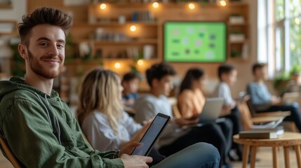 Teacher and students using tablets in flipped classroom learning