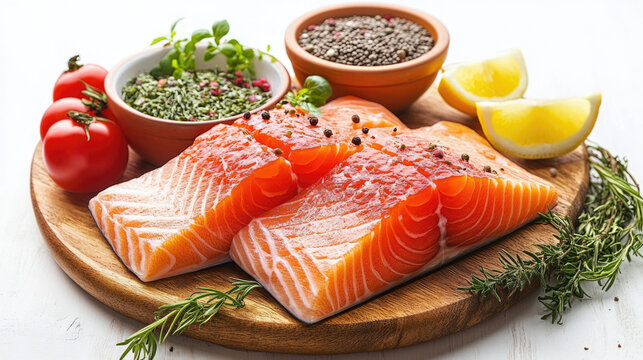 Two fresh salmon fillets on a cutting board with herbs, spices, and lemon, suitable for food blogs, healthy recipe sites, or culinary preparation guides.