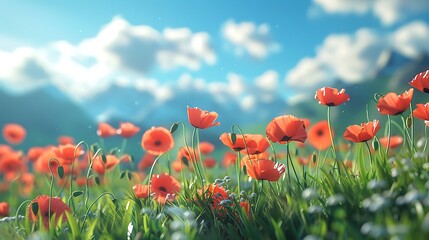 Fototapeta premium 3D poppies in a grassy landscape