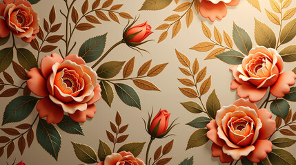 A vintage floral wallpaper pattern featuring stylized roses and ferns in burnt orange and olive green, enhanced by subtle embossing effects and golden foil accents, with soft amber lighting