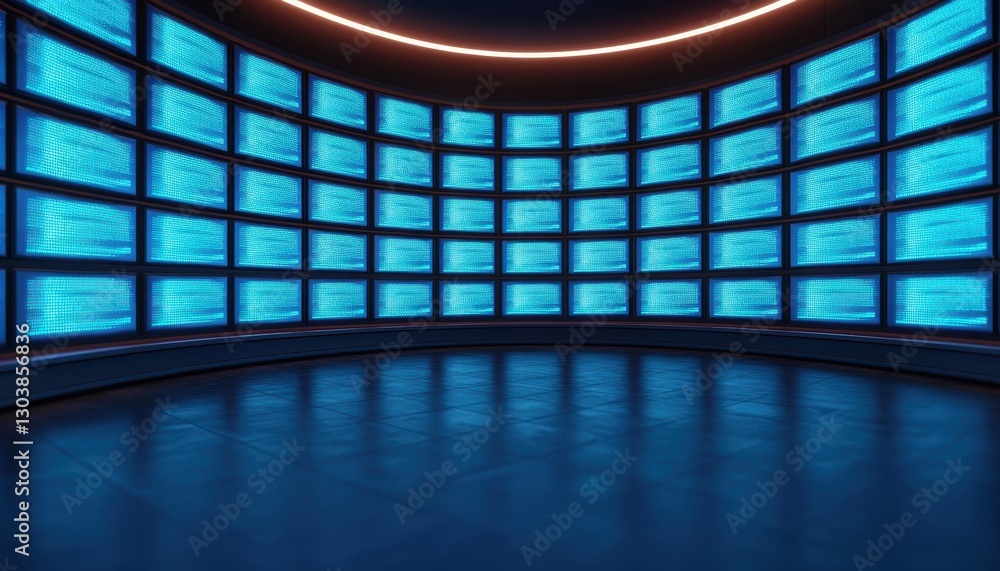 Poster a futuristic room featuring numerous glowing screens displaying blue visuals, creating a high-tech a