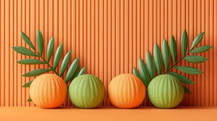 Fototapeta premium Abstract 3D Render of Textured Orange and Green Spheres with Leaves on Orange Background