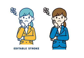 頬に手をあてて悩む、若い女性会社員のベクターイラスト素材＿線幅の編集可能