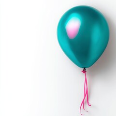 Vibrant Aqua Balloon Floating with Pink Ribbon on White Background