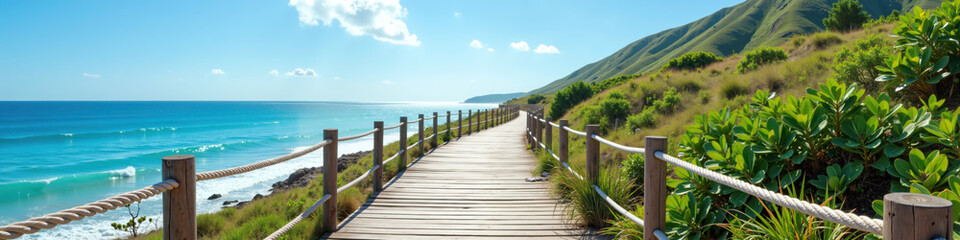 A picturesque wooden boardwalk along a lush coastal path with ocean views and green hills.