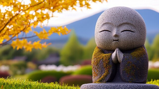 Serene Jizo Statue in Autumnal Japanese Garden
