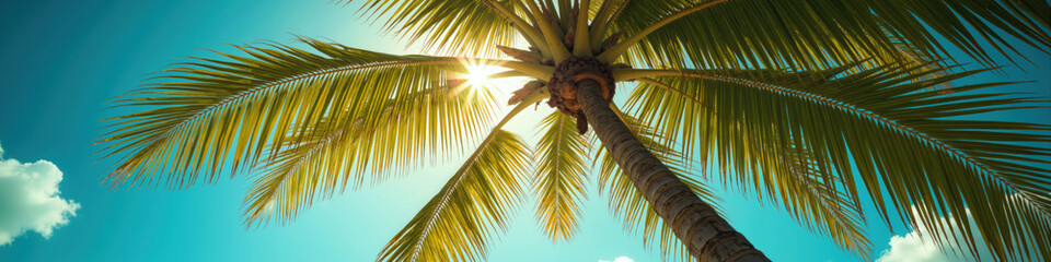 Fototapeta premium A vibrant image of a tall palm tree with lush green leaves reaching up towards a bright, sunlit sky with scattered clouds.