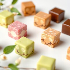 Artisan cube chocolates in pastel hues with floral embellishments, an elegant and delectable treat.