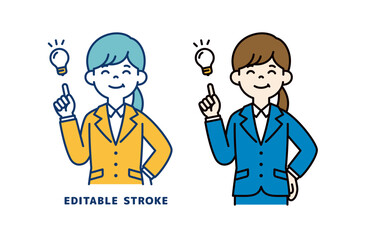 いいアイデアが思いついた、若い女性会社員のベクターイラスト素材＿線幅の編集可能