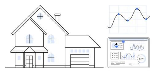 Modern house facade with connected analytics screen and graphs showing performance trends. Ideal for technology, smart home, energy management, sustainability, monitoring, IoT, innovation. A flat