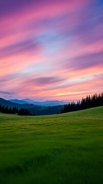 Vibrant Sunset Over Lush Meadow with Rolling Hills and Forest Silhouette in Artistic AR 916 Style for Nature Landscapes and Serene Outdoor Wall Art Photography