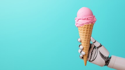 A robotic hand holds a pink ice cream cone against a bright turquoise background, blending technology with a classic treat.