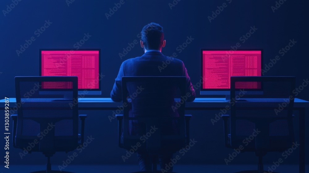 Poster a person sits in front of dual monitors displaying glowing red data, emphasizing a high-tech, cyber-