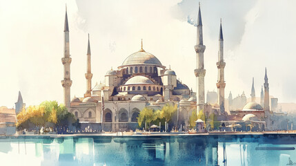 Naklejka premium An awe-inspiring Islamic architectural structure, with a massive dome and towering minarets, its elegant design standing out against a simple