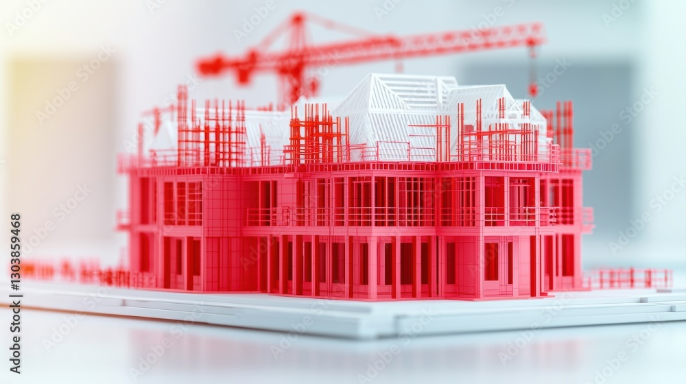 Poster a detailed architectural model of a building under construction, highlighted in red, showcasing scaf