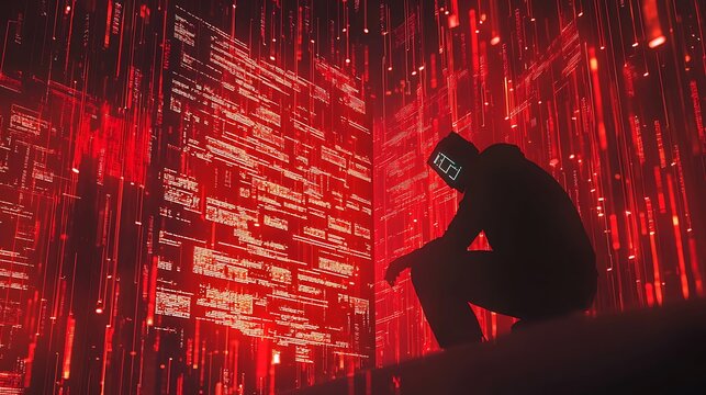 A hacker silhouette trying to bypass glowing firewall layers, surrounded by cascading red matrix streams.