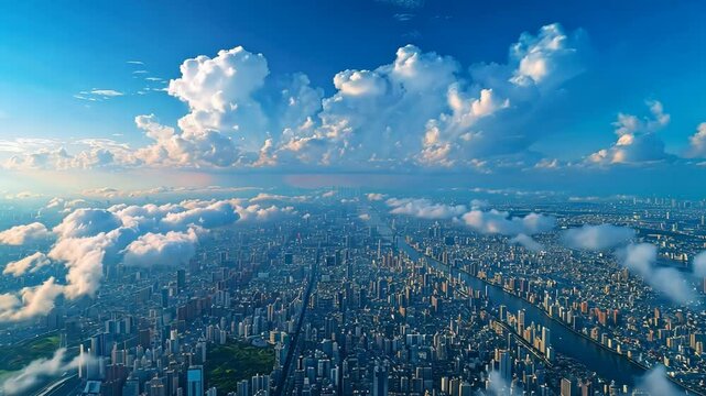 明るい青空の広がる大都市の空撮4