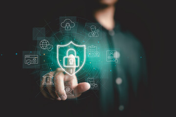 The glowing shield with a padlock symbolizes secure online transactions, data encryption, and the...