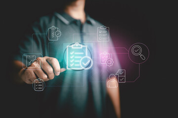 Quality Assurance and Compliance. Symbolizes structured evaluation processes, ensuring accuracy, quality control, and adherence to business standards through digital checklists.