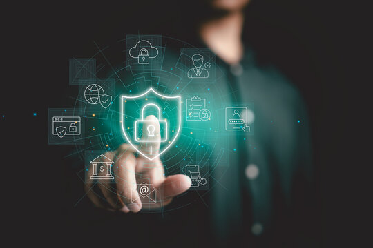 The glowing shield with a padlock symbolizes secure online transactions, data encryption, and the importance of digital security.