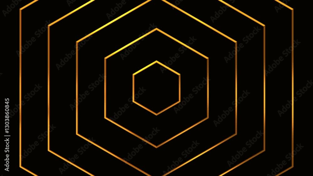 Poster loop abstract golden hexagon geometric on black background, premium luxury gold grid wave line art a