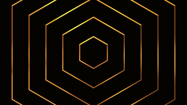Loop abstract golden Hexagon geometric on black background, premium luxury gold grid wave line art animation, elegant isometric cube block pattern, repeat minimal trendy honeycomb frame backdrop