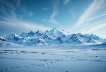 Obraz premium Arctic mountain range with snow and ice, vast polar landscape, blue sky with clouds, remote wilderness, frozen tundra, serene winter scene.