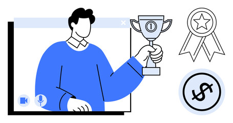 Person holding trophy during a video call, with badge and dollar sign icons symbolizing recognition, excellence, and financial success. Ideal for teamwork, leadership, achievement, rewards