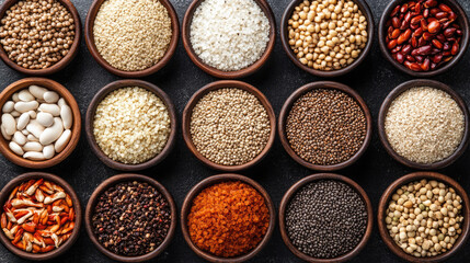 Assorted legumes, bowls, rows, colorful, top view, textured background. Healthy food ingredients, ideal for nutrition blogs, recipe websites, and dietary information content.