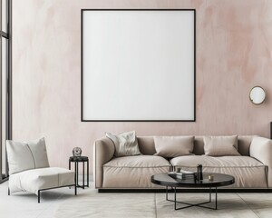 A modern living room interior with a large blank canvas. a white armchair. a beige couch. and a round coffee table with books