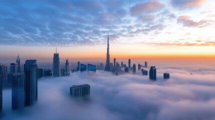 Fototapeta premium Dubai Skyline Sunrise Through Mist