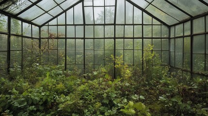 Abandoned Greenhouse Surrounded by Lush Overgrowth and Nature