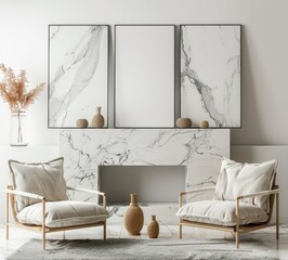 Two white armchairs with wooden frames in front of a fireplace with marble surround and three abstract prints